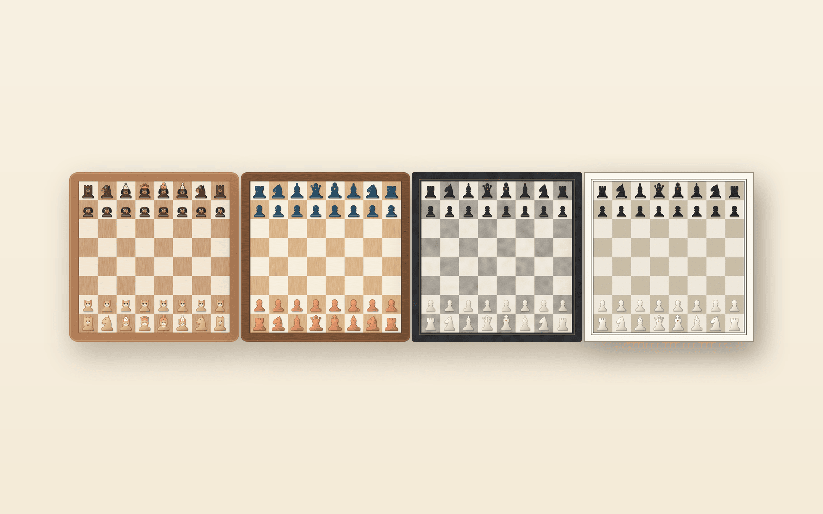 Chess in four skins: Cats & Dogs, Playful, Classic and Paper